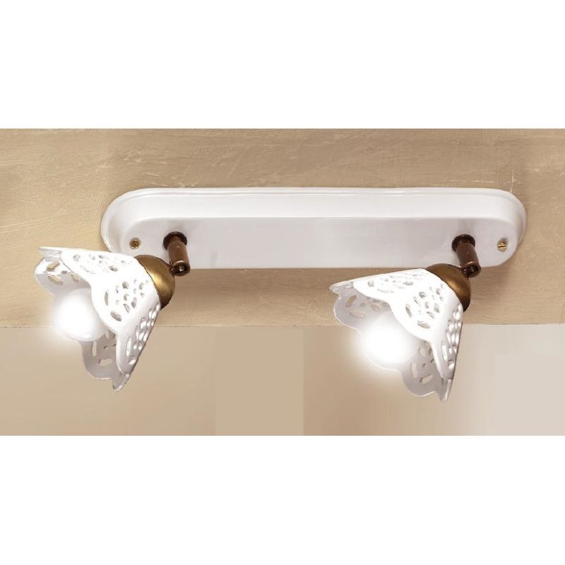 2037.2 APPLIQUE PLAFONIERA 2 LUCI IN TERRACOTTA BIANCA TRAFORATA E OTTONE STILE RUSTICO MADE IN ITALY CRISTALENSI CERAMICA - Cri