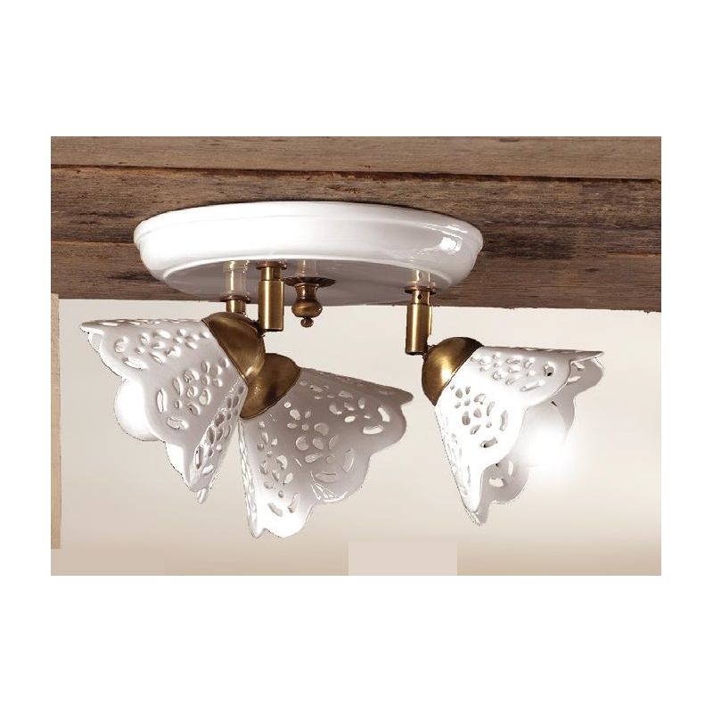 2037.3 PLAFONIERA ROTONDA 3 LUCI IN TERRACOTTA BIANCA TRAFORATA E OTTONE STILE RUSTICO MADE IN ITALY CRISTALENSI CERAMICA - Cris