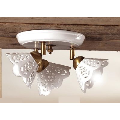2037.3 PLAFONIERA ROTONDA 3 LUCI IN TERRACOTTA BIANCA TRAFORATA E OTTONE STILE RUSTICO MADE IN ITALY CRISTALENSI CERAMICA - Cris