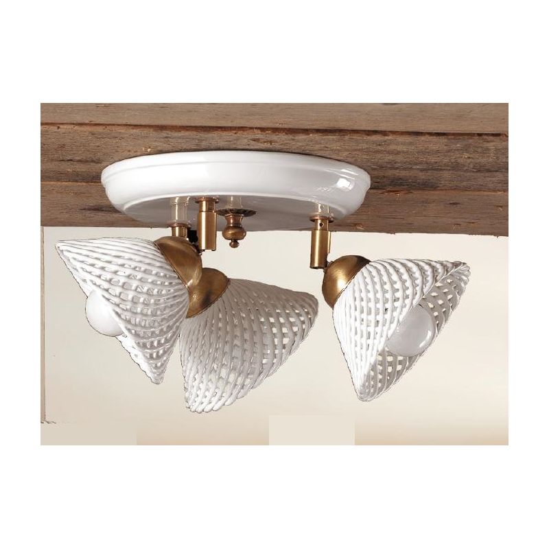 2042.3 PLAFONIERA ROTONDA 3 LUCI IN TERRACOTTA BIANCA TRAFORATA E OTTONE STILE RUSTICO MADE IN ITALY CRISTALENSI CERAMICA - Cris