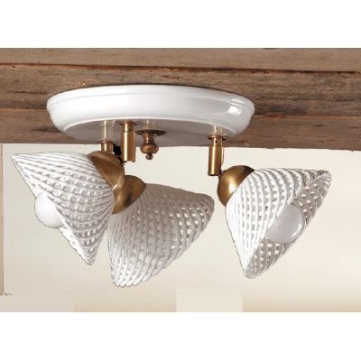 2042.3 PLAFONIERA ROTONDA 3 LUCI IN TERRACOTTA BIANCA TRAFORATA E OTTONE STILE RUSTICO MADE IN ITALY CRISTALENSI CERAMICA - Cris