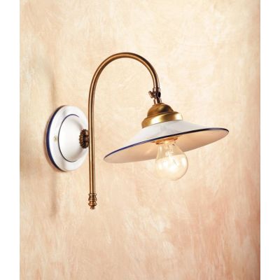 2048.4 LAMPADA DA PARETE IN OTTONE CON PIATTO LISCIO IN TERRACOTTA BIANCA LUCIDA DECORATA D21 CM MADE IN ITALY CRISTALENSI CERAM