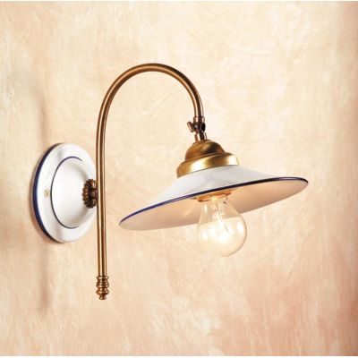 2048.4 LAMPADA DA PARETE IN OTTONE CON PIATTO LISCIO IN TERRACOTTA BIANCA LUCIDA DECORATA D21 CM MADE IN ITALY CRISTALENSI CERAM
