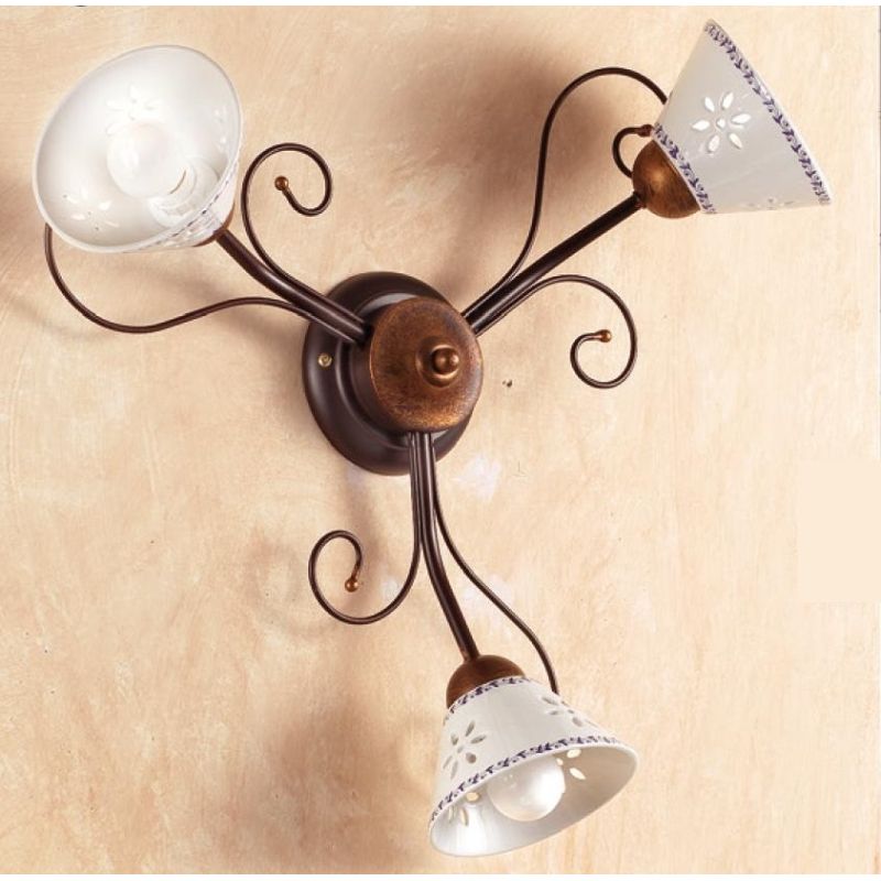 2028 A3 PLAFONIERA 3 LUCI IN FERRO RUGGINE E DIFFUSORI IN TERRACOTTA BIANCA DECORATA D60 CM MADE IN ITALY CRISTALENSI CERAMICA -