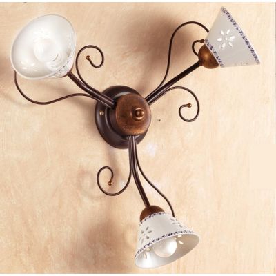 2028 A3 PLAFONIERA 3 LUCI IN FERRO RUGGINE E DIFFUSORI IN TERRACOTTA BIANCA DECORATA D60 CM MADE IN ITALY CRISTALENSI CERAMICA -