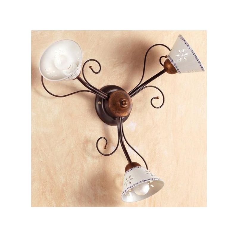 2028 A3 PLAFONIERA 3 LUCI IN FERRO RUGGINE E DIFFUSORI IN TERRACOTTA BIANCA DECORATA D60 CM MADE IN ITALY CRISTALENSI CERAMICA -