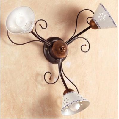 2028 A3 PLAFONIERA 3 LUCI IN FERRO RUGGINE E DIFFUSORI IN TERRACOTTA BIANCA DECORATA D60 CM MADE IN ITALY CRISTALENSI CERAMICA -