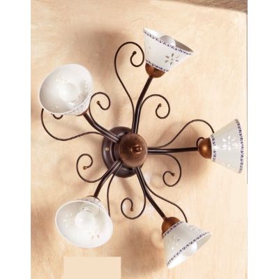 2028 A5 PLAFONIERA 5 LUCI IN FERRO RUGGINE E DIFFUSORI IN TERRACOTTA BIANCA DECORATA D60 CM MADE IN ITALY CRISTALENSI CERAMICA -