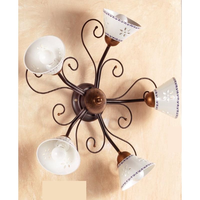 2028 A5 PLAFONIERA 5 LUCI IN FERRO RUGGINE E DIFFUSORI IN TERRACOTTA BIANCA DECORATA D60 CM MADE IN ITALY CRISTALENSI CERAMICA -