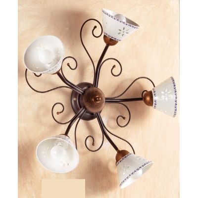 2028 A5 PLAFONIERA 5 LUCI IN FERRO RUGGINE E DIFFUSORI IN TERRACOTTA BIANCA DECORATA D60 CM MADE IN ITALY CRISTALENSI CERAMICA -