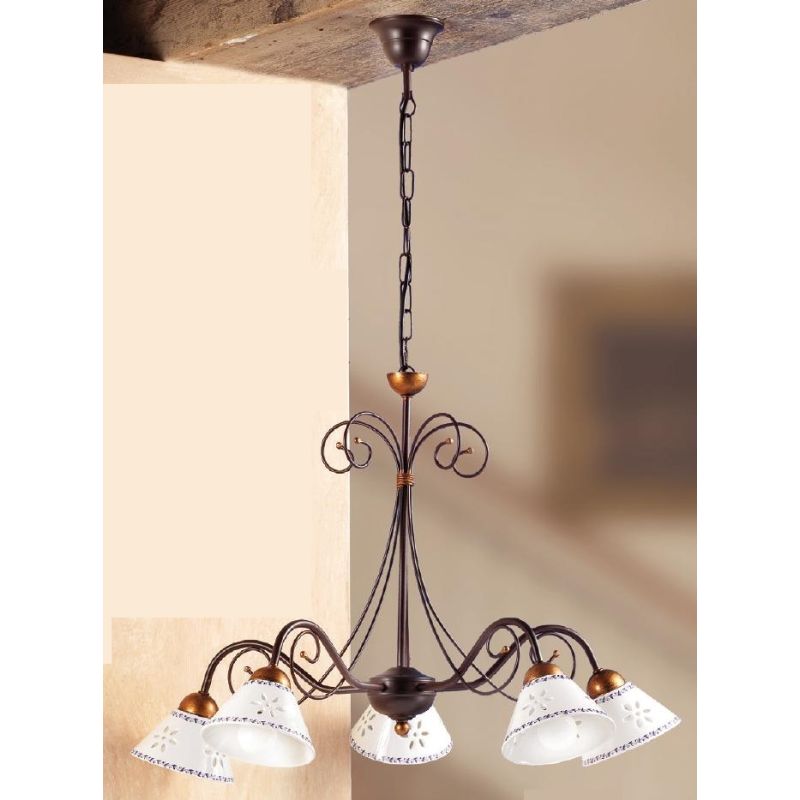 2028.5 LAMPADARIO 5 LUCI IN FERRO RUGGINE E DIFFUSORI IN TERRACOTTA BIANCA DECORATA D60 CM MADE IN ITALY CRISTALENSI CERAMICA -