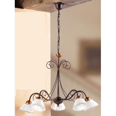 2028.5 LAMPADARIO 5 LUCI IN FERRO RUGGINE E DIFFUSORI IN TERRACOTTA BIANCA DECORATA D60 CM MADE IN ITALY CRISTALENSI CERAMICA -