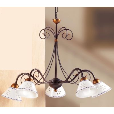 2028.5 LAMPADARIO 5 LUCI IN FERRO RUGGINE E DIFFUSORI IN TERRACOTTA BIANCA DECORATA D60 CM MADE IN ITALY CRISTALENSI CERAMICA -