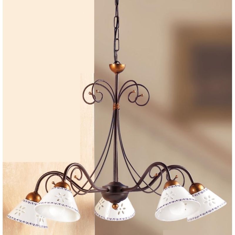 2028.5 LAMPADARIO 5 LUCI IN FERRO RUGGINE E DIFFUSORI IN TERRACOTTA BIANCA DECORATA D60 CM MADE IN ITALY CRISTALENSI CERAMICA -
