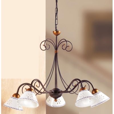 2028.5 LAMPADARIO 5 LUCI IN FERRO RUGGINE E DIFFUSORI IN TERRACOTTA BIANCA DECORATA D60 CM MADE IN ITALY CRISTALENSI CERAMICA -