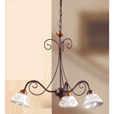 2028.3 LAMPADARIO 3 LUCI IN FERRO RUGGINE E DIFFUSORI IN TERRACOTTA BIANCA DECORATA D60 CM MADE IN ITALY CRISTALENSI CERAMICA -