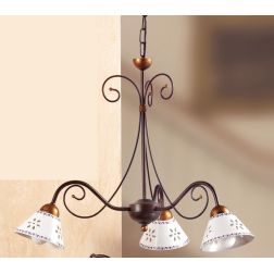2028.3 LAMPADARIO 3 LUCI IN FERRO RUGGINE E DIFFUSORI IN TERRACOTTA BIANCA DECORATA D60 CM MADE IN ITALY CRISTALENSI CERAMICA -