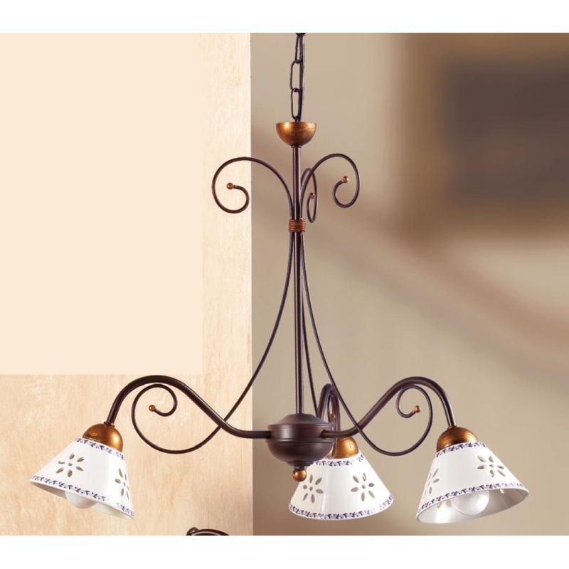 2028.3 LAMPADARIO 3 LUCI IN FERRO RUGGINE E DIFFUSORI IN TERRACOTTA BIANCA DECORATA D60 CM MADE IN ITALY CRISTALENSI CERAMICA -