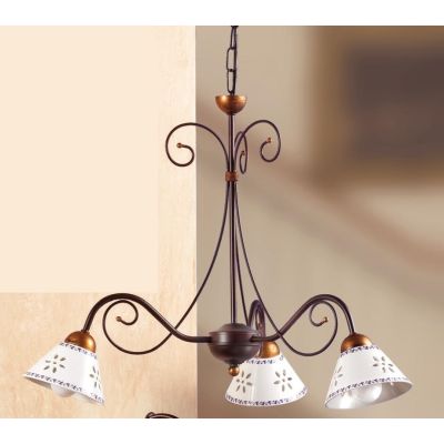 2028.3 LAMPADARIO 3 LUCI IN FERRO RUGGINE E DIFFUSORI IN TERRACOTTA BIANCA DECORATA D60 CM MADE IN ITALY CRISTALENSI CERAMICA -