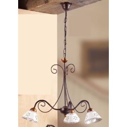 2028.3 LAMPADARIO 3 LUCI IN FERRO RUGGINE E DIFFUSORI IN TERRACOTTA BIANCA DECORATA D60 CM MADE IN ITALY CRISTALENSI CERAMICA - 2