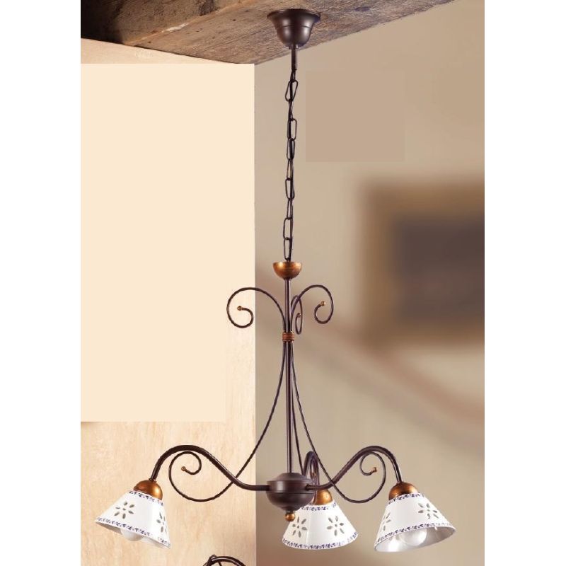 2028.3 LAMPADARIO 3 LUCI IN FERRO RUGGINE E DIFFUSORI IN TERRACOTTA BIANCA DECORATA D60 CM MADE IN ITALY CRISTALENSI CERAMICA -