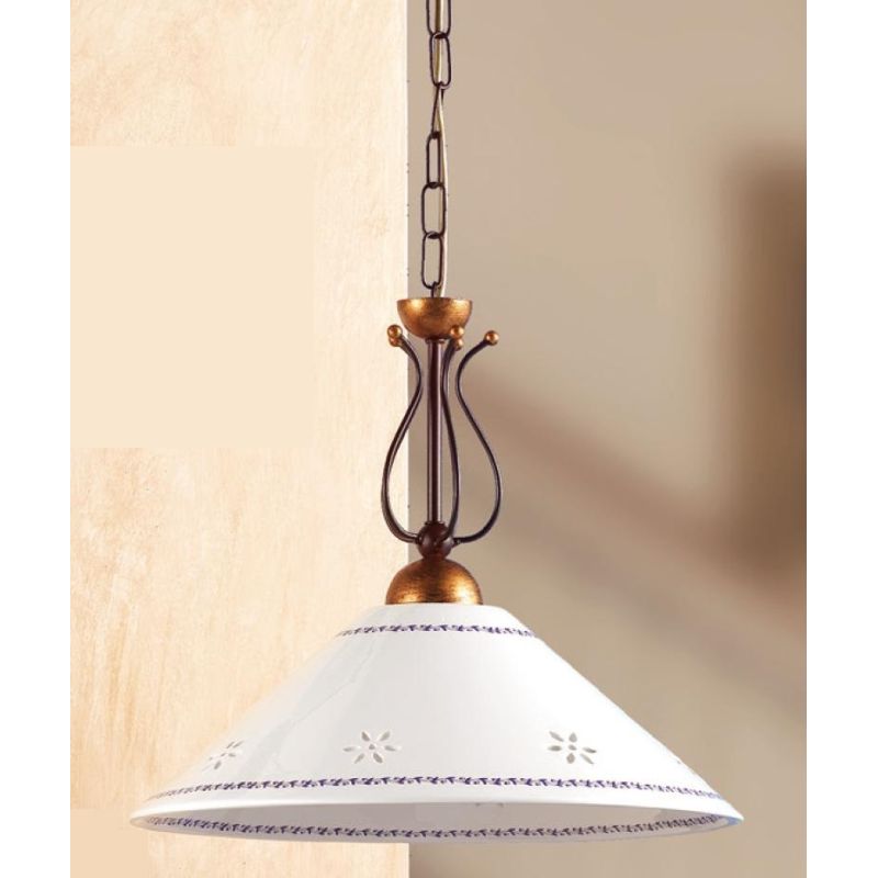 2028.1 SOSPENSIONE SINGOLA IN FERRO RUGGINE E PIATTO IN TERRACOTTA BIANCA DECORATA D40 CM MADE IN ITALY CRISTALENSI CERAMICA - C