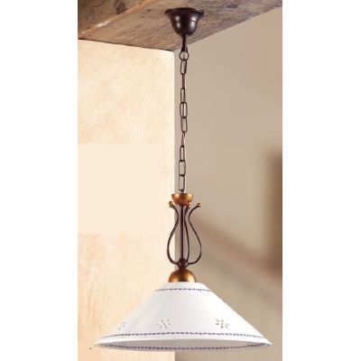 2028.1 SOSPENSIONE SINGOLA IN FERRO RUGGINE E PIATTO IN TERRACOTTA BIANCA DECORATA D40 CM MADE IN ITALY CRISTALENSI CERAMICA - C