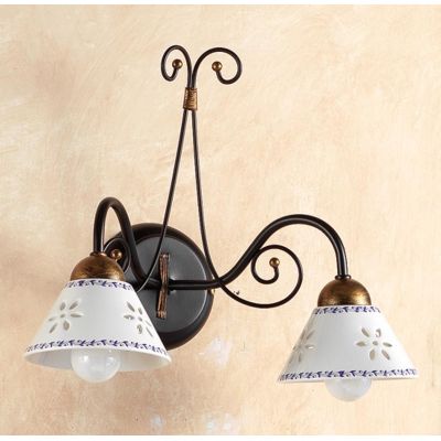 2028.A2 APPLIQUE 2 LUCI IN FERRO COLOR RUGGINE CON DIFFUSORI IN TERRACOTTA BIANCA DECORATA MADE IN ITALY CRISTALENSI CERAMICA -