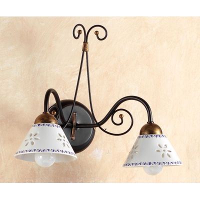 2028.A2 APPLIQUE 2 LUCI IN FERRO COLOR RUGGINE CON DIFFUSORI IN TERRACOTTA BIANCA DECORATA MADE IN ITALY CRISTALENSI CERAMICA -