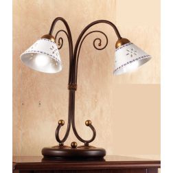2028.L2 LAMPADA DA TAVOLO A 2 LUCI IN FERRO RUGGINE CON DIFFUSORI IN TERRACOTTA BIANCA DECORATA MADE IN ITALY CRISTALENSI CERAMI