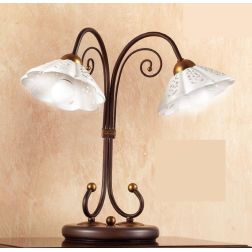 2030.L2 LAMPADA DA TAVOLO A 2 LUCI IN FERRO RUGGINE CON DIFFUSORI IN TERRACOTTA BIANCA TRAFORATA MADE IN ITALY CRISTALENSI CERAM
