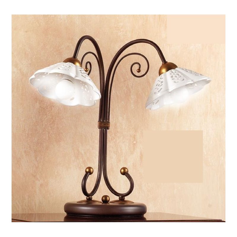 2030.L2 LAMPADA DA TAVOLO A 2 LUCI IN FERRO RUGGINE CON DIFFUSORI IN TERRACOTTA BIANCA TRAFORATA MADE IN ITALY CRISTALENSI CERAM