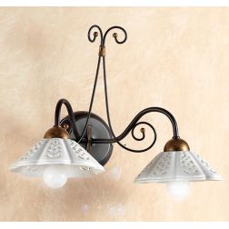 2030.A2 APPLIQUE A 2 LUCI IN FERRO RUGGINE CON DIFFUSORI IN TERRACOTTA BIANCA TRAFORATA MADE IN ITALY CRISTALENSI CERAMICA - Cri