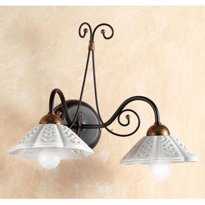 2030.A2 APPLIQUE A 2 LUCI IN FERRO RUGGINE CON DIFFUSORI IN TERRACOTTA BIANCA TRAFORATA MADE IN ITALY CRISTALENSI CERAMICA - Cri