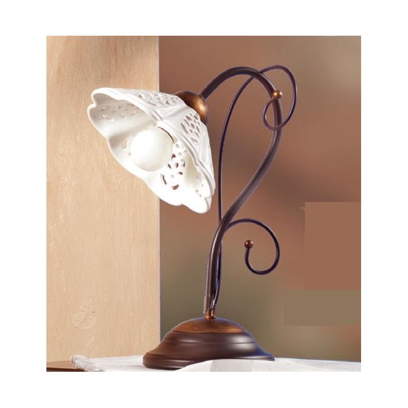 2030.L LAMPADA DA TAVOLO IN FERRO RUGGINE CON DIFFUSORE IN TERRACOTTA BIANCA TRAFORATA MADE IN ITALY CRISTALENSI CERAMICA - Cris