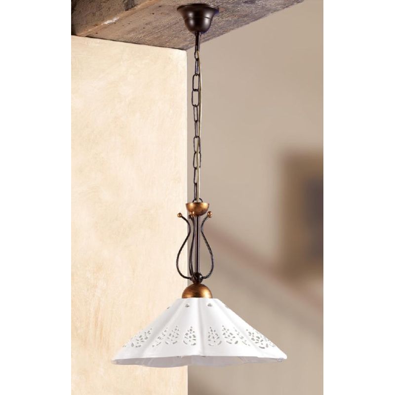 2030.1 SOSPENSIONE SINGOLA IN FERRO RUGGINE CON DIFFUSORE IN TERRACOTTA BIANCA TRAFORATA MADE IN ITALY CRISTALENSI CERAMICA - Cr