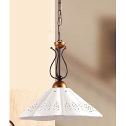 2030.1 SOSPENSIONE SINGOLA IN FERRO RUGGINE CON DIFFUSORE IN TERRACOTTA BIANCA TRAFORATA MADE IN ITALY CRISTALENSI CERAMICA - Cr