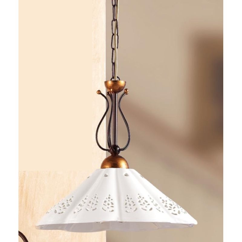 2030.1 SOSPENSIONE SINGOLA IN FERRO RUGGINE CON DIFFUSORE IN TERRACOTTA BIANCA TRAFORATA MADE IN ITALY CRISTALENSI CERAMICA - Cr