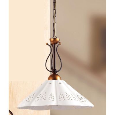 2030.1 SOSPENSIONE SINGOLA IN FERRO RUGGINE CON DIFFUSORE IN TERRACOTTA BIANCA TRAFORATA MADE IN ITALY CRISTALENSI CERAMICA - Cr