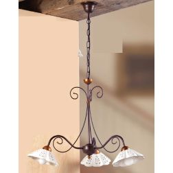 2030.3 LAMPADARIO 3 LUCI RUSTICO IN FERRO RUGGINE CON DIFFUSORI IN TERRACOTTA BIANCA TRAFORATA MADE IN ITALY CRISTALENSI CERAMIC 2