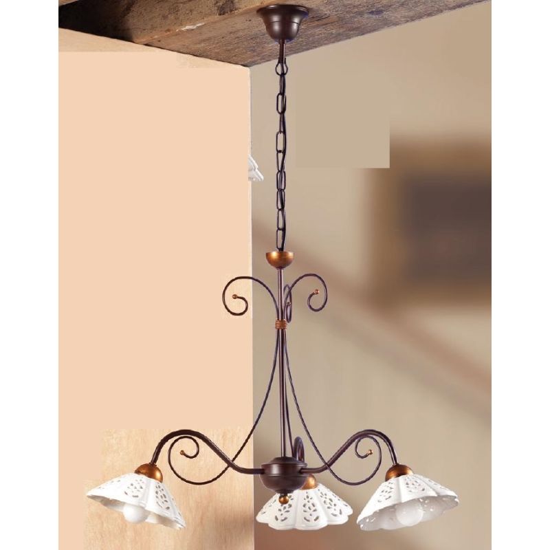 2030.3 LAMPADARIO 3 LUCI RUSTICO IN FERRO RUGGINE CON DIFFUSORI IN TERRACOTTA BIANCA TRAFORATA MADE IN ITALY CRISTALENSI CERAMIC