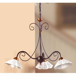 2030.3 LAMPADARIO 3 LUCI RUSTICO IN FERRO RUGGINE CON DIFFUSORI IN TERRACOTTA BIANCA TRAFORATA MADE IN ITALY CRISTALENSI CERAMIC