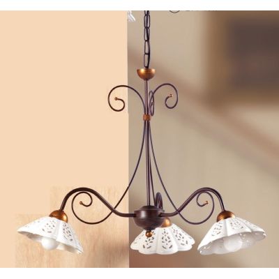 2030.3 LAMPADARIO 3 LUCI RUSTICO IN FERRO RUGGINE CON DIFFUSORI IN TERRACOTTA BIANCA TRAFORATA MADE IN ITALY CRISTALENSI CERAMIC