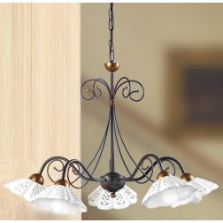 2030.5 LAMPADARIO 5 LUCI RUSTICO IN FERRO RUGGINE CON DIFFUSORI IN TERRACOTTA BIANCA TRAFORATA MADE IN ITALY CRISTALENSI CERAMIC