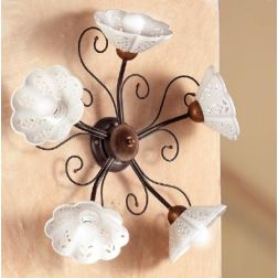 2030.A5 PLAFONIERA 5 LUCI RUSTICA IN FERRO RUGGINE CON DIFFUSORI IN TERRACOTTA BIANCA TRAFORATA MADE IN ITALY CRISTALENSI CERAMI 2