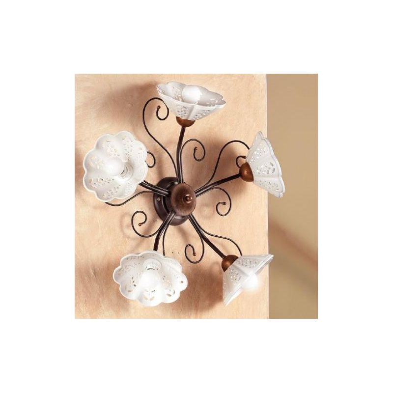 2030.A5 PLAFONIERA 5 LUCI RUSTICA IN FERRO RUGGINE CON DIFFUSORI IN TERRACOTTA BIANCA TRAFORATA MADE IN ITALY CRISTALENSI CERAMI