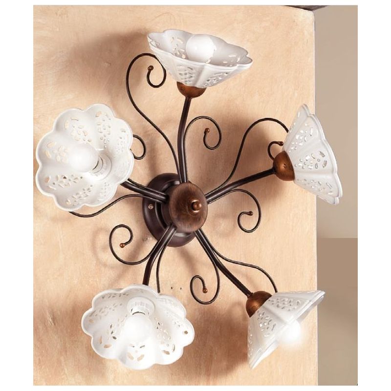 2030.A5 PLAFONIERA 5 LUCI RUSTICA IN FERRO RUGGINE CON DIFFUSORI IN TERRACOTTA BIANCA TRAFORATA MADE IN ITALY CRISTALENSI CERAMI