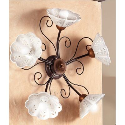 2030.A5 PLAFONIERA 5 LUCI RUSTICA IN FERRO RUGGINE CON DIFFUSORI IN TERRACOTTA BIANCA TRAFORATA MADE IN ITALY CRISTALENSI CERAMI