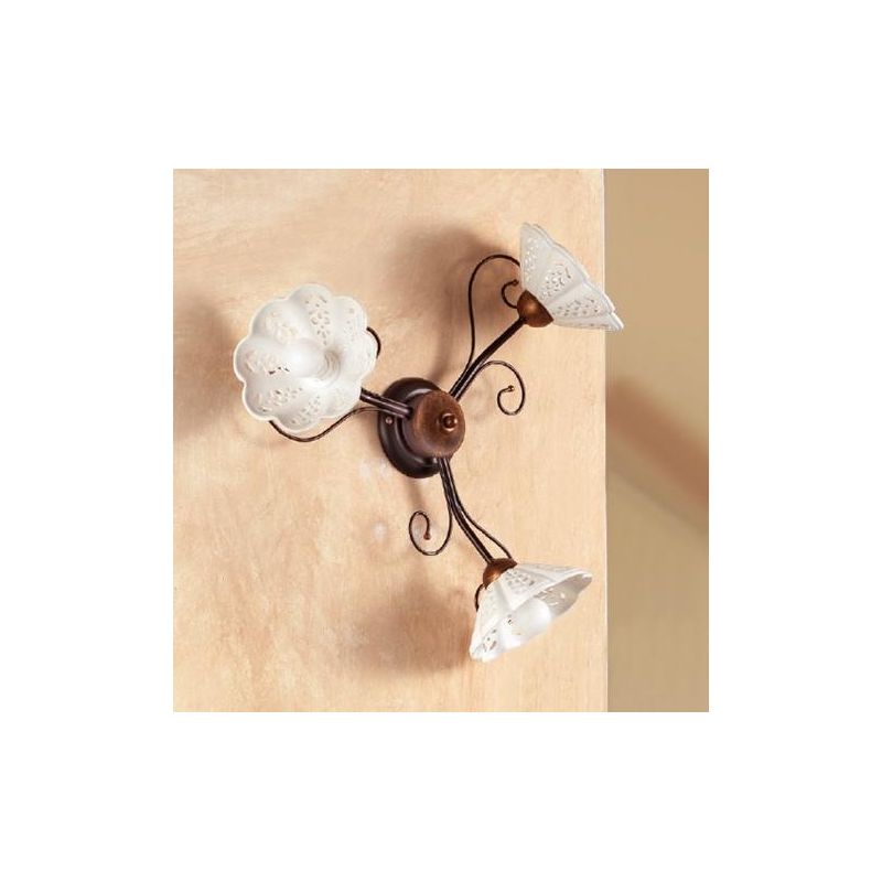 2030.A3 PLAFONIERA 3 LUCI RUSTICA IN FERRO RUGGINE CON DIFFUSORI IN TERRACOTTA BIANCA TRAFORATA MADE IN ITALY CRISTALENSI CERAMI