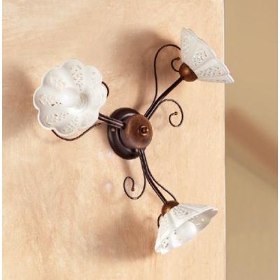 2030.A3 PLAFONIERA 3 LUCI RUSTICA IN FERRO RUGGINE CON DIFFUSORI IN TERRACOTTA BIANCA TRAFORATA MADE IN ITALY CRISTALENSI CERAMI